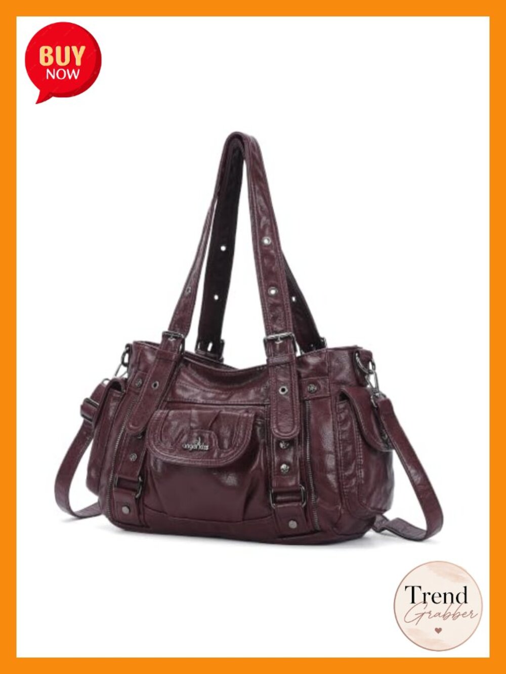 Soft PU Leather Hobo Shoulder Bag Multi Pocket Adjustable Strap Rivet